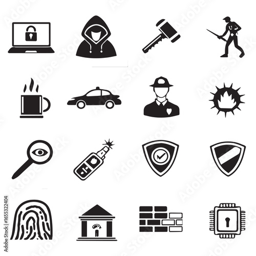 Collection of security and crime related icons isolated on white background