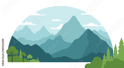 Serene Mountain Range Landscape with Trees and Clouds in Soft Hues Illustration