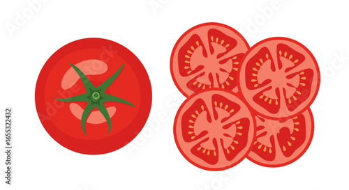 Artistic tomato illustration showcasing whole and sliced ripe tomatoes with vibrant colors against a white background and detailed textures
