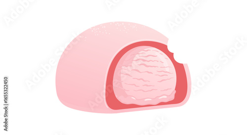 Delightful pink mochi ice cream with a sweet bite isolated on a white background illustration