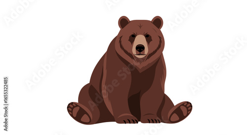 Seated Brown Bear Illustration, isolated against white, digital artwork showcasing wildlife, forest theme, nature art with detailed fur texture and