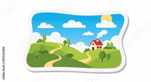 Peaceful cartoon countryside scene with rolling green hills and a cozy home under a bright sun
