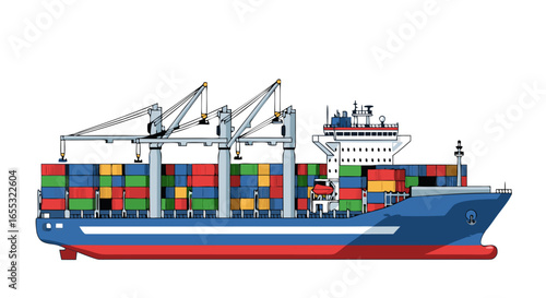 Illustration of a cargo ship transporting colorful containers across the ocean voyage transporting goods showing global distribution logistics
