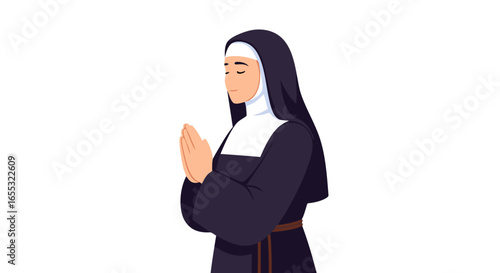 Serene Nun in Contemplation: A Visual Representation of Faith and Devotion Isolated on White Backdrop Depicting a Religious Figure