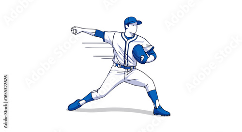 Dynamic rendition of a baseball pitcher in motion, blue and white color scheme conveys the essence of sport and athleticism