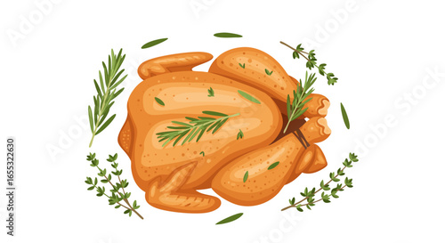 Festive roasted chicken illustration with herbs, a culinary masterpiece suitable for holiday celebrations and Thanksgiving dinners enhancing a warm