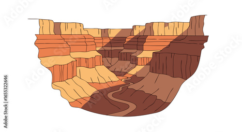 Cartoon depiction of a deep canyon landscape with sandstone cliffs and a winding river valley, set against a bright, clean background illustration