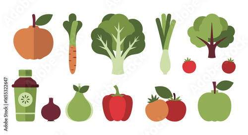 Collection of vector illustrations depicting various fruits, vegetables, and a beverage container to promote healthy eating habits, showcasing a