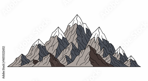 Hand Drawn Mountain Range Peaks with Snow, Simplistic Vector Illustration Landscape, Rocky Peaks and Ridges View, Decorative Line Art Drawing 3D