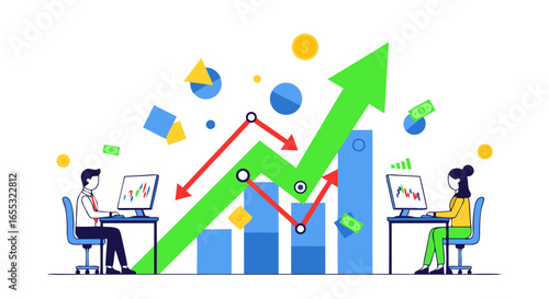 Financial analysts tracking market trends with upward trending graphs showing growth, demonstrating business insights and profitable analysis in a