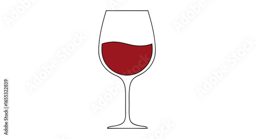 Elegant wine glass illustration featuring a deep red beverage isolated on a white backdrop, a minimalist wine design for restaurant and winery visuals