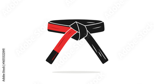 Red and black martial arts belt illustration, symbol of progress and skill in karate or judo, worn to signify rank and mastery of techniques