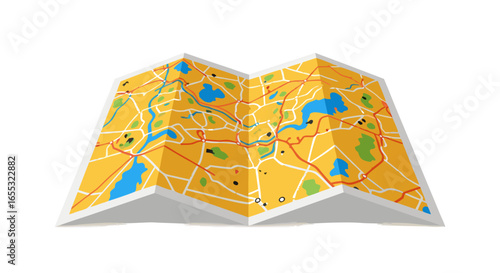 Folded yellow map showcasing routes and locations for seamless navigation illustration drawing of a city plan featuring streets, waterways, and