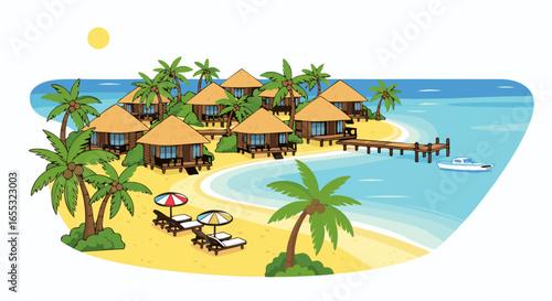 Tropical Island Getaway: Cartoon-Style Illustration of Beachfront Bungalows and Palm Trees