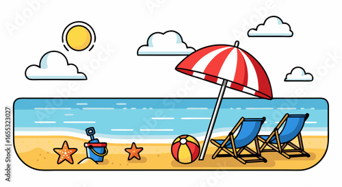 Vibrant seaside escape: A charming cartoon illustration of a beach day scene with an umbrella and beach chairs, perfect for vacations and relaxation