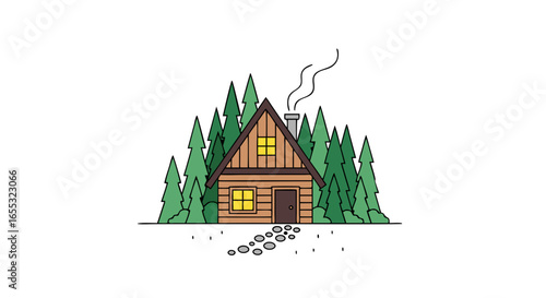 A charming log cabin nestled among tall fir trees under a gentle sky, emitting smoke from the chimney