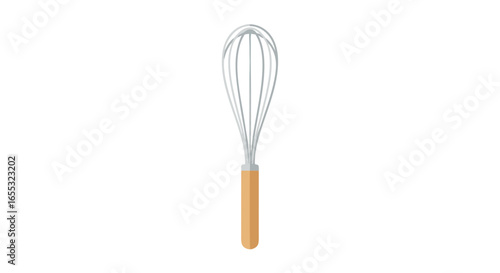 Illustrated metallic whisk with a wooden handle, isolated on white for food preparation  or cooking instructions, minimal style kitchenware concept