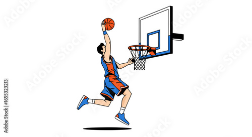 Dynamic basketball action, a player driving to the basket for a slam dunk in vibrant vector style illustration full court press, skill and agility