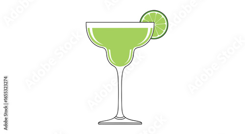 Refreshing margarita cocktail illustration with a bright green hue and a vibrant lime slice garnish on a clean white backdrop
