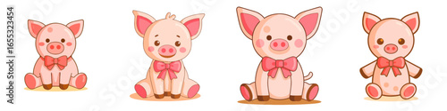 Four adorable cartoon pigs wearing pink bows sitting together, perfect for children's books, nursery decor, and playful branding projects.