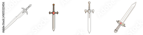 Four distinct fantasy swords with detailed hilts and blades, ideal for game design and illustration projects