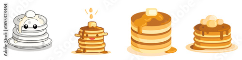 Adorable stack of pancakes with cute faces and dripping syrup, perfect for breakfast menus, kids' content, or sweet designs.