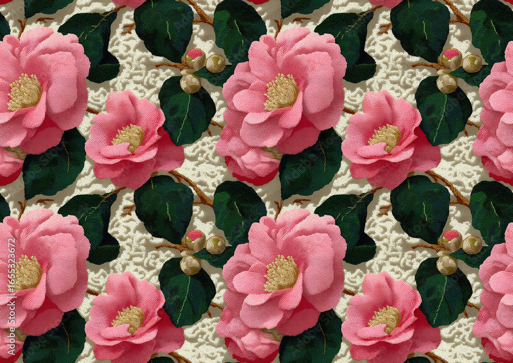 Fototapeta premium Seamless embroidered pink camellia blossoms with green leaves on ivory beaded textile decorative fabric background