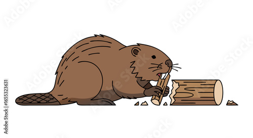Cartoon Beaver Diligently Gnawing on a Log with Determination and Precision, Showcasing its Natural Instincts and Woodworking Abilities in a