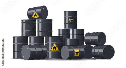 Stacked Industrial Containers with Hazardous Material Labels: Visualizing Risks and Environmental Concerns in Resource Management