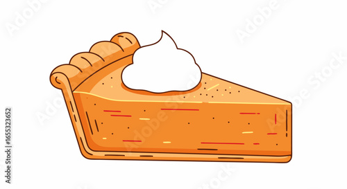 Cartoon pumpkin pie slice with fluffy whipped cream, isolated on a white surface, ideal for festive autumn illustrations and seasonal designs
