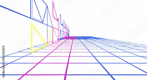 Abstract perspective grid with colorful geometric shapes and a receding horizon creating a sense of depth and dimensionality