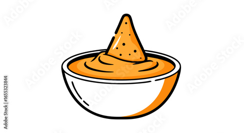 Delightful cartoon illustration of a tortilla chip dunked in a bowl of cheese dip ready to be devoured