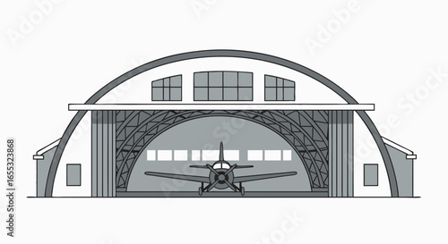 Monochrome illustration displaying a small airplane parked inside an arched hangar building isolated on a white background