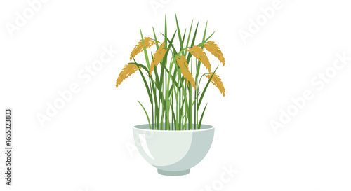 Decorative Rice Plant in a Ceramic Bowl, Emblem of Asian Agricultural Heritage and Culinary Symbolism