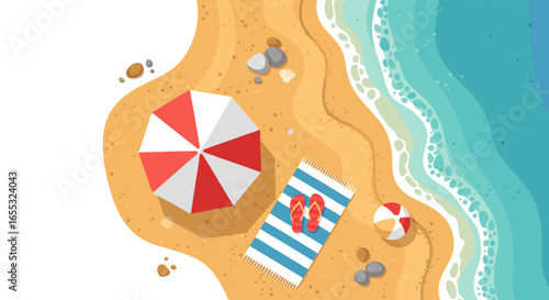Vibrant beach scene illustration capturing the essence of summer vacation with its sandy shore and turquoise ocean creating a delightful atmosphere