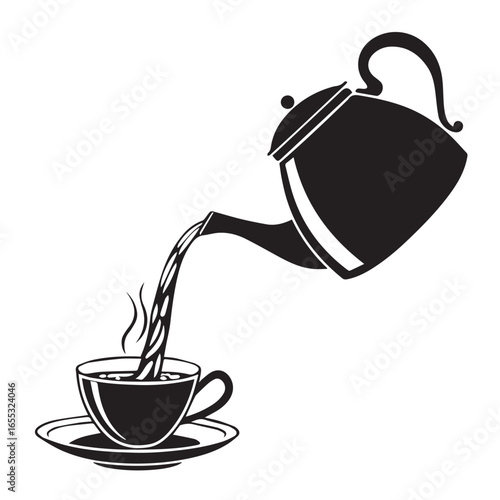 Teapot pouring tea into a cup isolated on white background in black and white