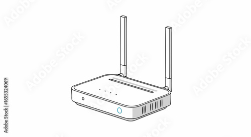 Stylized illustration of a modern wireless router with dual antennas on a clean white backdrop portraying seamless network connectivity 155 characters