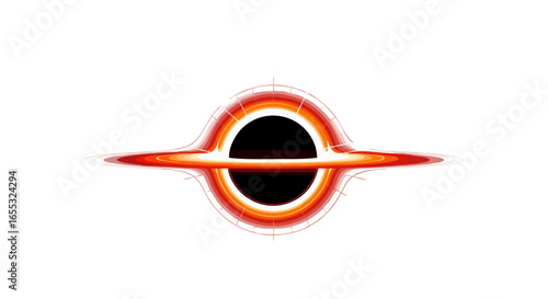 Illustration of a theoretical black hole with accretion disk and gravitational lensing effect on light 96 characters