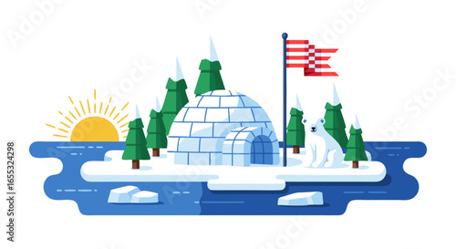 Arctic flat landscape with igloo, polar bear, icebergs, flag, trees and sun minimalist cartoon illustration