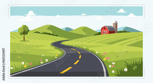 Serene countryside vista: a winding road leading to a rustic farm with rolling hills and a clear sky offering tranquility