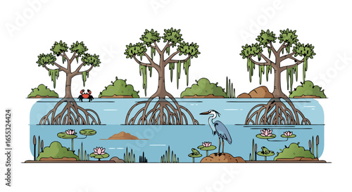 Stylized marshland ecosystem with mangrove trees, aquatic life, and a serene heron, illustrating the harmony of coastal wildlife in a cartoonish