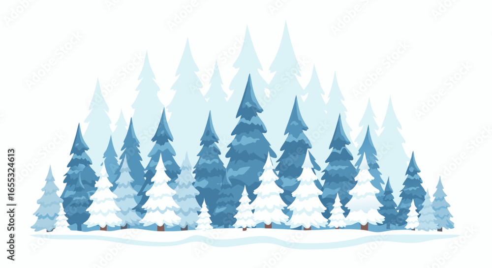 Fototapeta premium Stylized Winter Forest Scene in Varied Blue and White Tones Illustrating a Peaceful and Frozen Landscape Depicting Evergreen Trees with Snow Accents