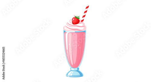 Stylized strawberry milkshake with whipped cream, straw, and topping for refreshing treat illustration