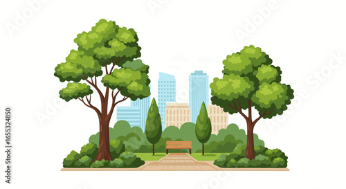 Tranquil City Park Illustration: A Serene Escape Within the Urban Landscape Depiction