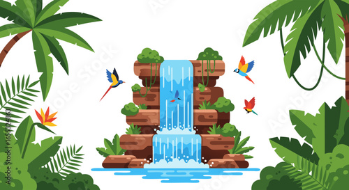 Tropical landscape illustration of a cascading waterfall with lush flora and colorful birds creating a vibrant nature scene