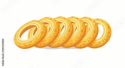 Stylized depiction of arranged torus shaped bread rings, showcasing repetitive pastry arrangement with a clean background for culinary themes and