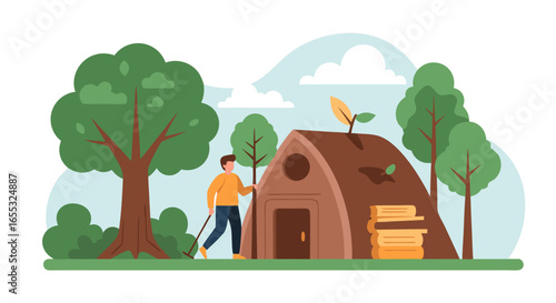 Serene Illustration of Earth Sheltered Home with Gardener Amidst Flourishing Greenery and Cloud Accents