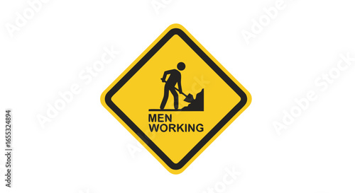 Vibrant yellow and black diamond construction warning sign illustrating worker digging a hole, emphasizing construction area ahead danger notice to