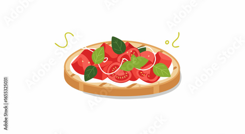 Delicious bruschetta illustration with fresh tomatoes, basil, and creamy cheese on toasted bread slice served as healthy dish presentation