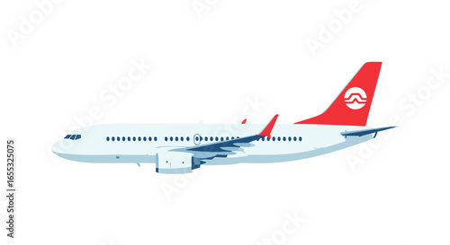 Commercial airplane illustration with vibrant red tail design for air travel themed projects and modern aviation concepts
